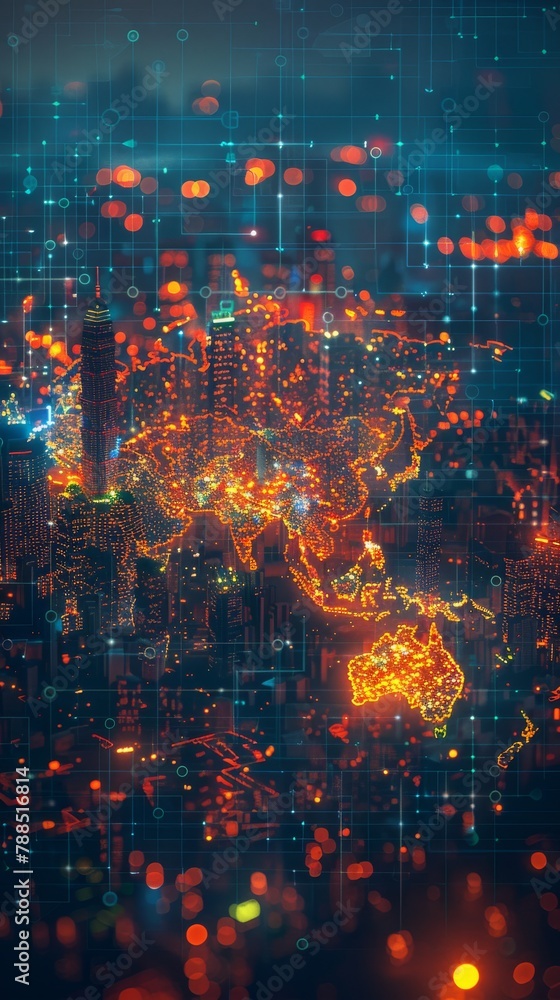 Bring to life the interconnected world of Technology Nodes Worldwide through a pixel art representation, showcasing the nodes that enhance communication between key regions on a global scale
