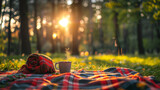 Spread out on a picnic blanket in a tranquil forest clearing, someone enjoys a peaceful outdoor meal amidst dappled sunlight and the soothing sounds of nature