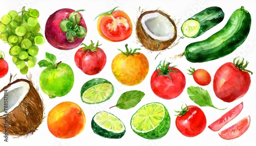 Watercolor fruit and vegetables set. Juicy and colorful fruit on white background including apples, coconut, lime, tomatoes, cucumber and more. Vegetarian diet food with vitamins.