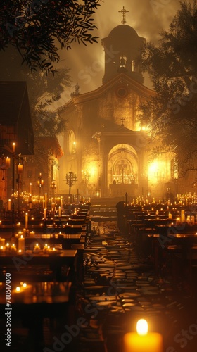 Create a digital rendering of a peaceful midnight mass scene, with soft glows of candlelight illuminating the ambiance, using photorealistic techniques to convey the serene atmosphere