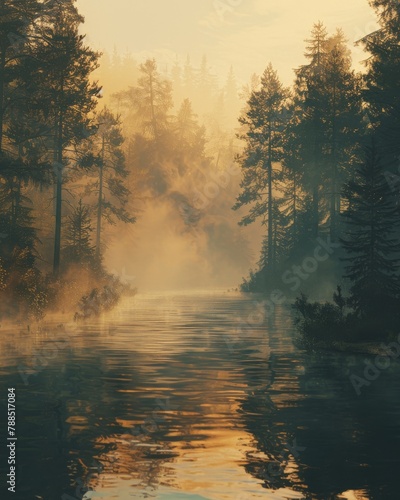 Immerse the viewer in a vast, wide-angle scene set in a serene forest with misty neutral tones, highlighting UX/UI elements with subtle elegance through digital 3D rendering
