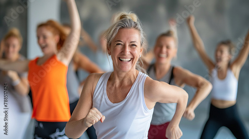 Fototapeta Naklejka Na Ścianę i Meble -  A group of middle-aged women enjoying a  dance in gym class. Active lifestyle in menopause