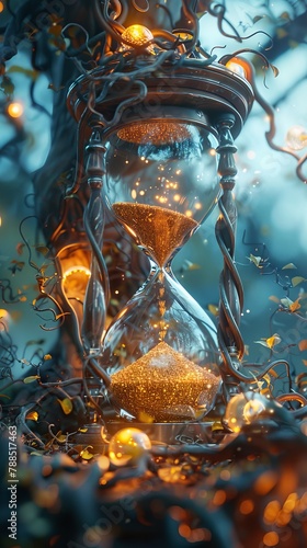 Illustrate a photorealistic digital rendering of a side view scene showcasing a giant antique hourglass tangled in shimmering vines, surrounded by glowing orbs representing time manipulation
