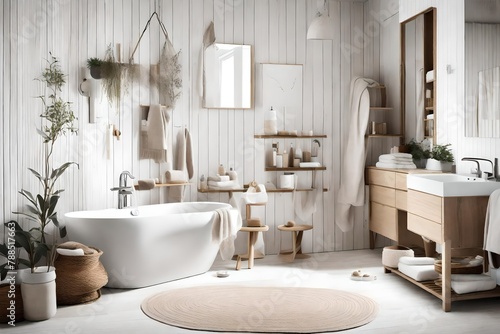 a bathroom retreat with neutral tones and soft towels  reflecting the comforting simplicity of Scandinavian hygge design.