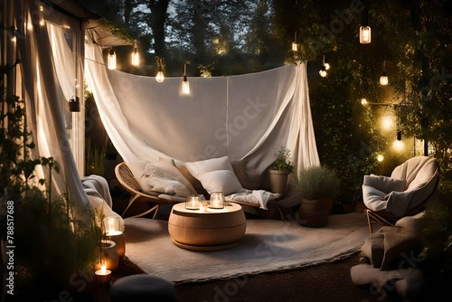 a peaceful garden nook with comfortable chairs  draped blankets  and soft lighting  capturing the serenity of Scandinavian hygge in an outdoor setting.