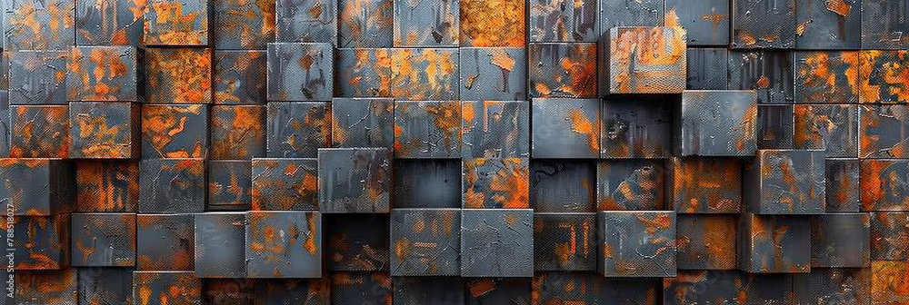 Dark gray and orange metal cubes with rusted textures,, Dark abstract ...