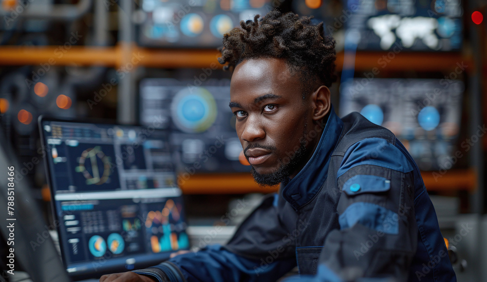 Fototapeta premium A young Black man in a blue work uniform sits at a control panel with multiple screens displaying data.