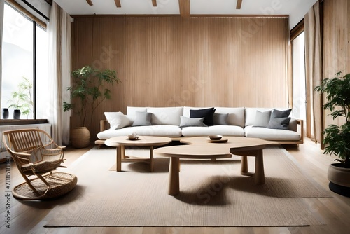 a harmonious living room with minimalistic furniture  neutral tones  and natural textures  embodying the serene fusion of Japanese and Scandinavian design.