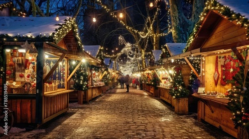 A picturesque holiday market scene, with rows of wooden stalls adorned with twinkling lights and festive decorations, offering an array of handcrafted gifts, seasonal treats, and warm beverages to del photo