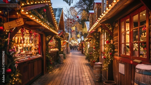 A picturesque holiday market scene  with rows of wooden stalls adorned with twinkling lights and festive decorations  offering an array of handcrafted gifts  seasonal treats  and warm beverages to del