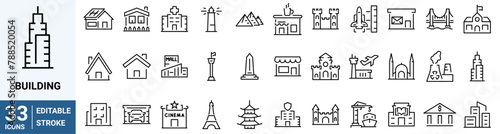 Building line web icons. Airport, Office, Hotel, Hospital, Insurance, town house, mall, coffee. Simple vector illustration. Editable stroke