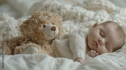 A tender embrace between a newborn in a pristine white bodysuit and a fluffy teddy bear.