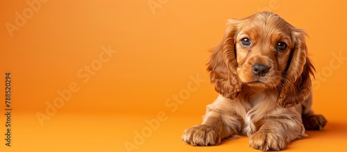 Portrait cute English cocker spaniel puppy. Portrait of funny dog. Isolated yellow background, copy space