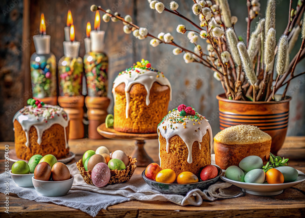 Orthodox Easter. Easter cake, painted eggs, icons, faces of saints, flowers, church candles and Easter decor on a wooden table in an old village house.