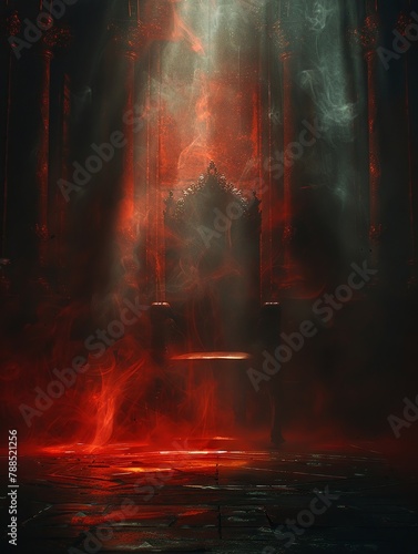 Dark lord s Throne, shadowed throne, decree announcement illustration, throne room, fading light, foreboding edict  photo