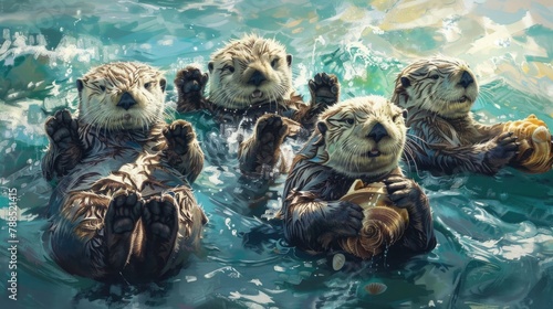 A playful group of sea otters, floating on their backs in the cool waters of the ocean as they crack open shells and feast on their delicious contents. photo