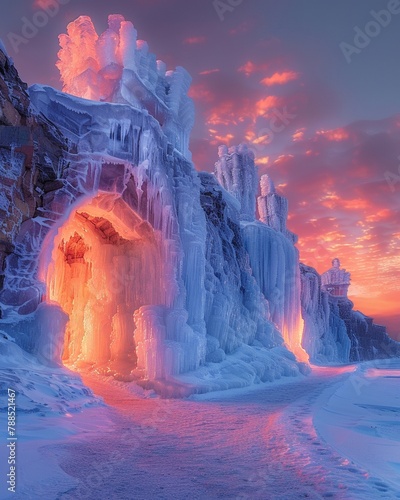 Ice castle, frozen spires, twilight, fortress of the cold, encompassing frost, dimming glow, chilly dominion 