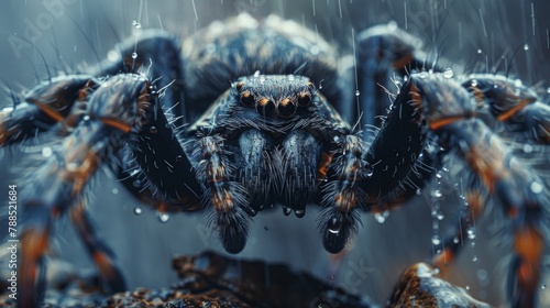 A close up of a large and hairy black and orange spider with water droplets on its body