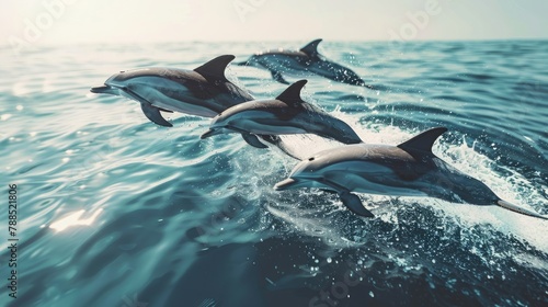 A pod of dolphins, gracefully leaping through the crystal-clear waters of the ocean in perfect harmony.