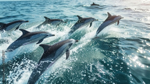 A pod of dolphins  gracefully leaping through the crystal-clear waters of the ocean in perfect harmony.