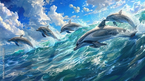 A pod of dolphins, gracefully leaping through the crystal-clear waters of the ocean in perfect harmony.