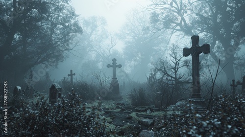 A dark and foggy graveyard with overgrown grass and trees