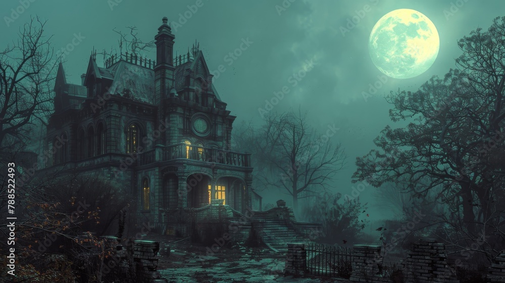A large haunted house with a full moon in the background A large haunted house with a full moon in the background