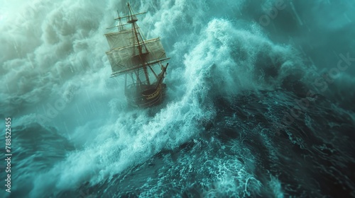 A pirate ship is being tossed around in a stormy sea. photo