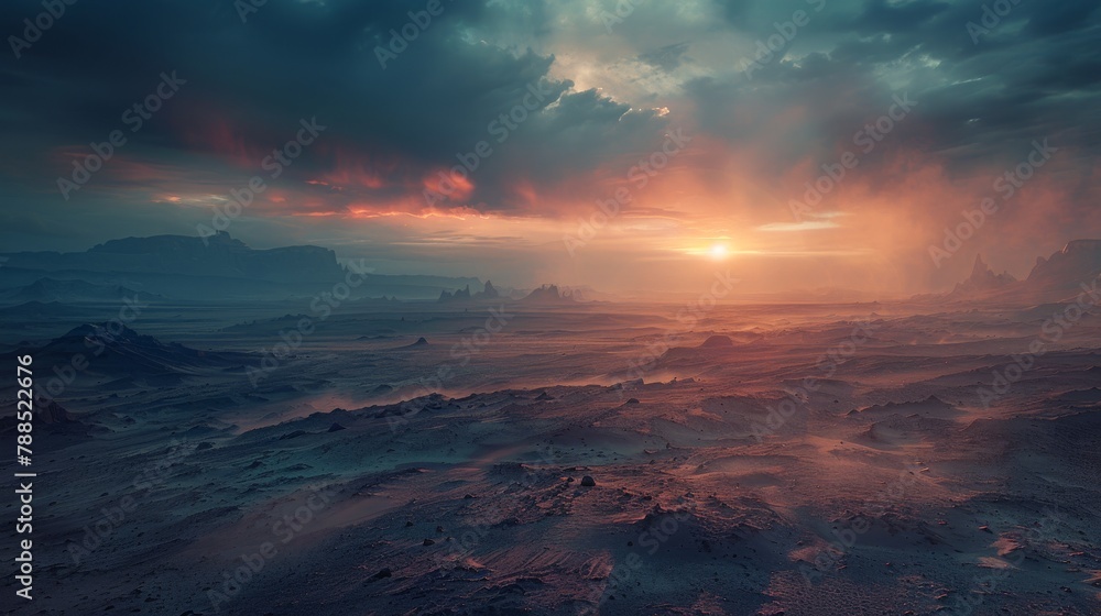 A beautiful sunset over a vast desert landscape.
