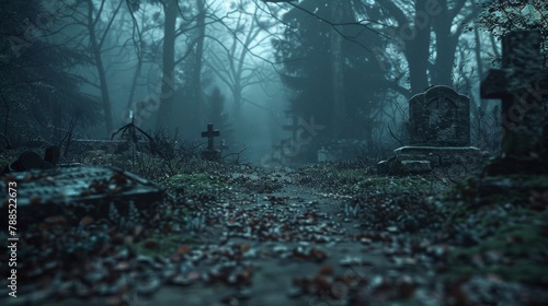 path through a foggy graveyard