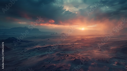 A beautiful sunset over a vast desert landscape.