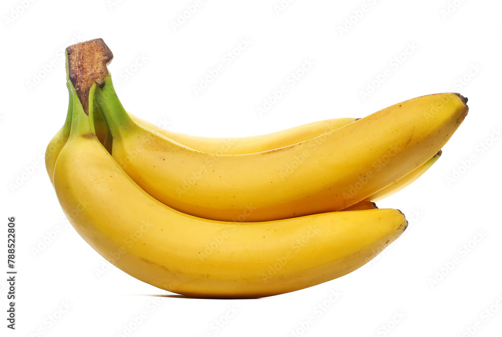 Group yellow bananas isolated on white, side view, clipping