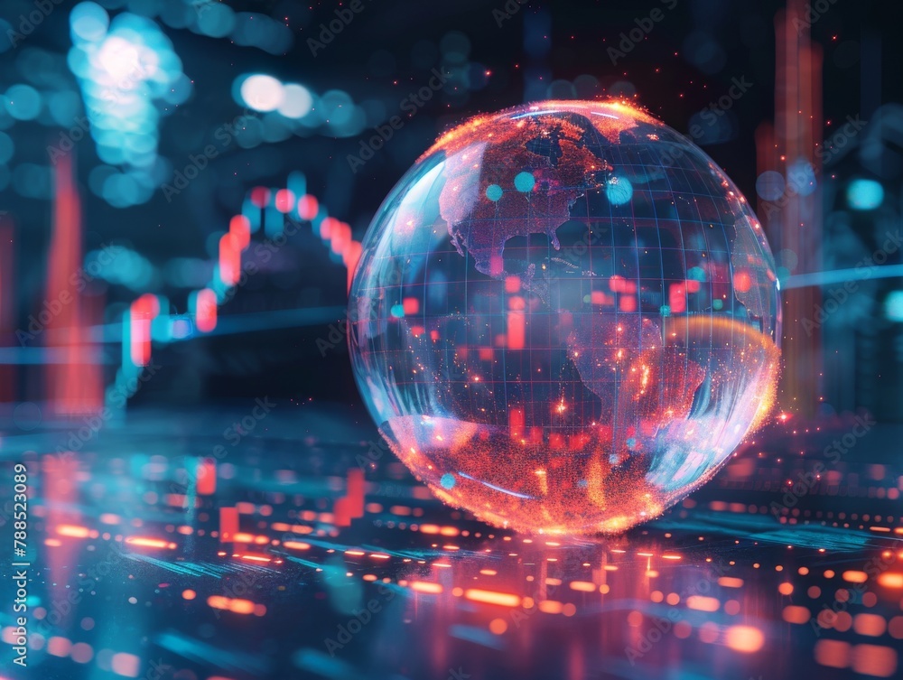 A glowing blue and red globe representing the earth sits on a surface of glowing blue lines with a glowing blue and red stock market graph in the background. A glowing blue and red globe representing the earth sits on a surface of glowing blue lines with a glowing blue and red stock market graph in the background.