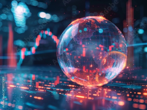 A glowing blue and red globe representing the earth sits on a surface of glowing blue lines with a glowing blue and red stock market graph in the background.