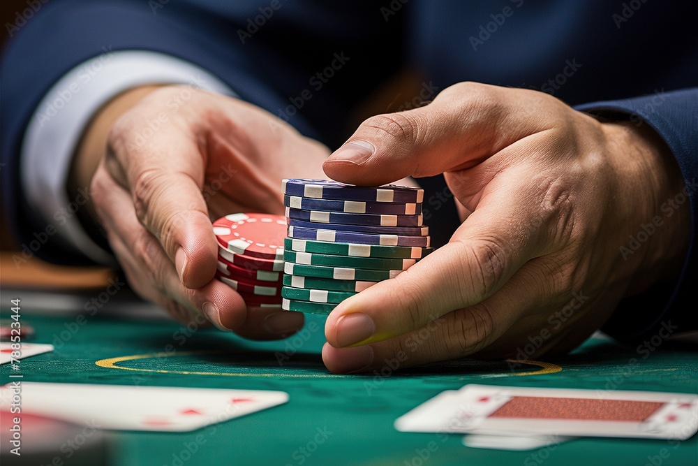 Close-up of Hands Stacking Poker Chips at a Casino Table, Cards and Bets in Play, Intense Gambling Moment Close-up of Hands Stacking Poker Chips at a Casino Table, Cards and Bets in Play, Intense Gambling Moment