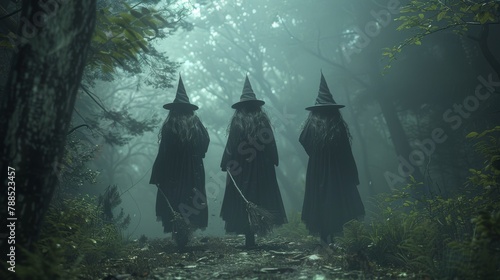 Three witches walk through a misty forest carrying brooms. photo