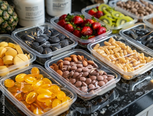 A variety of supplements and pills in plastic containers next to fresh fruit.