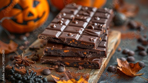 A stack of three chocolate bars on a table. The top bar is plain, the middle bar is filled with caramel, and the bottom bar is filled with nougat. There are some cocoa beans and fall leaves on the tab
