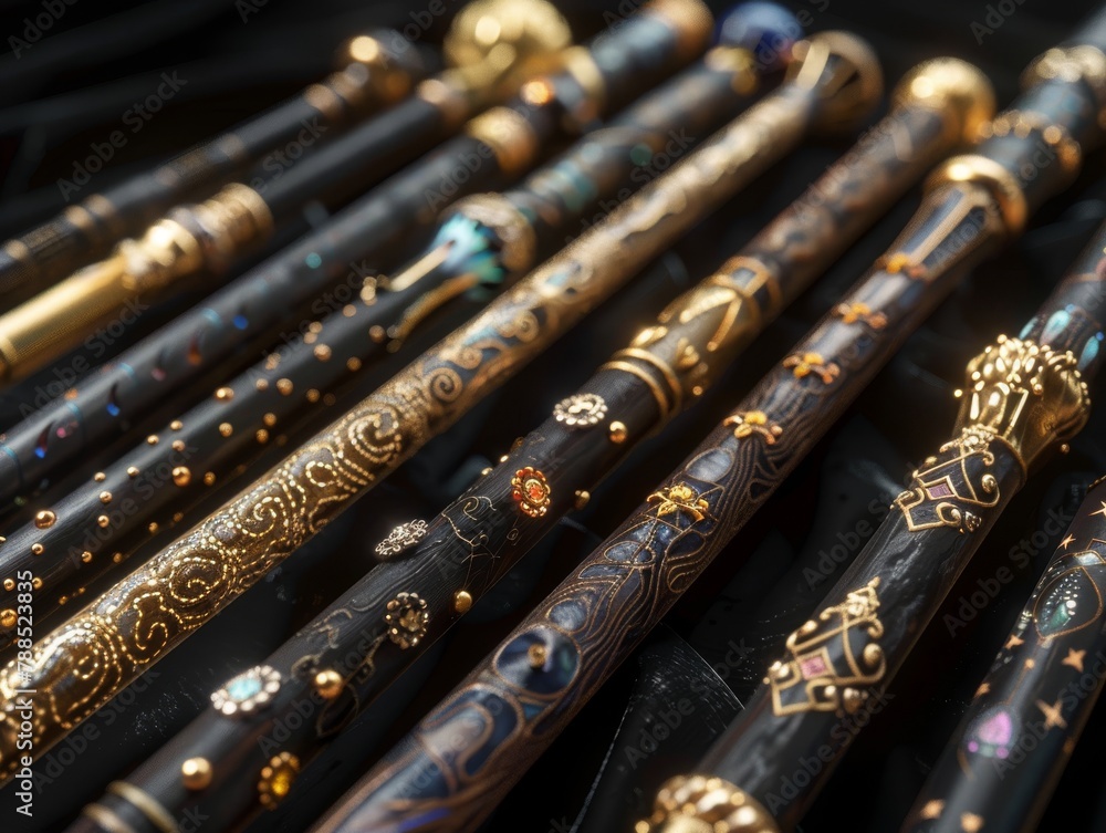 Naklejka premium A collection of magic wands made of different materials and decorated with various magical symbols.