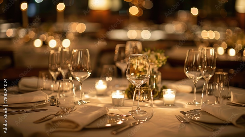 A sophisticated business dinner setting, with linen-covered tables, sparkling glassware, and candlelight creating an atmosphere of refinement and elegance for networking and deal-making.