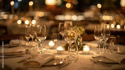 A sophisticated business dinner setting  with linen-covered tables  sparkling glassware  and candlelight creating an atmosphere of refinement and elegance for networking and deal-making.