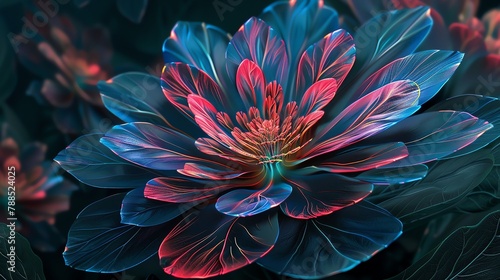 A Beautiful Fancy Flower Art, fractal design, Neon colorful, detailed, realistic, hyperrealistic, dark background,