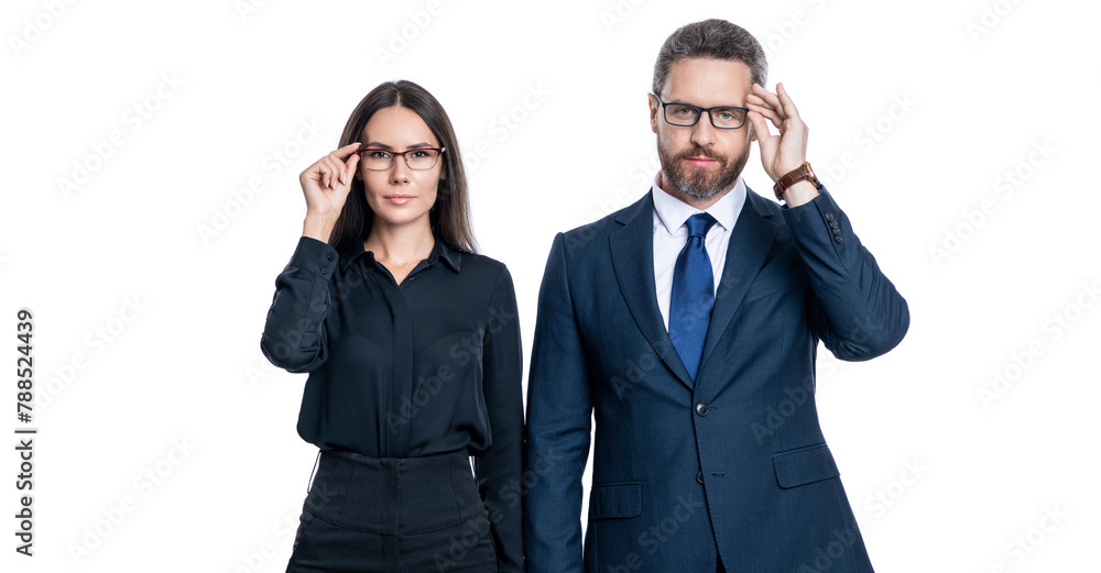 Businesspeople look through eyeglasses. Business vision and eyesight. Vision of success. Successful and confident businesspeople in suit. Business man and woman in glasses. Clear business vision Businesspeople look through eyeglasses. Business vision and eyesight. Vision of success. Successful and confident businesspeople in suit. Business man and woman in glasses. Clear business vision