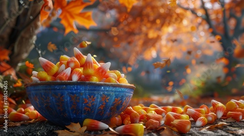 Candy corn in a blue bowl with a fall background
