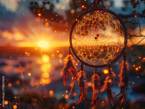 A dreamcatcher hanging from a tree branch against the backdrop of a setting sun.