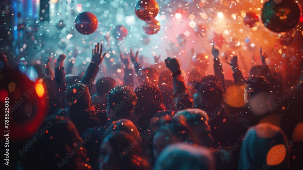 People dancing at a party with confetti falling from the ceiling People dancing at a party with confetti falling from the ceiling