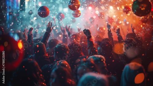 People dancing at a party with confetti falling from the ceiling