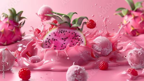 Dragon fruit and raspberries in pink liquid splash.