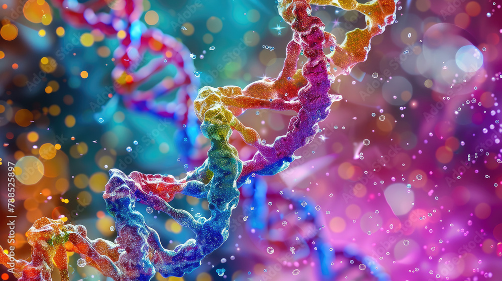 Obraz premium Close-Up of Two DNA Strands on a Colorful Background