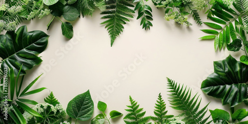 Tropical plants and leaves frame on white background  top view  flat lay  copy space